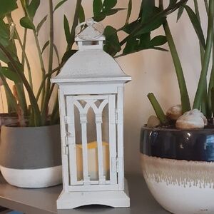 White Decorative Metal Lantern with LED Candle